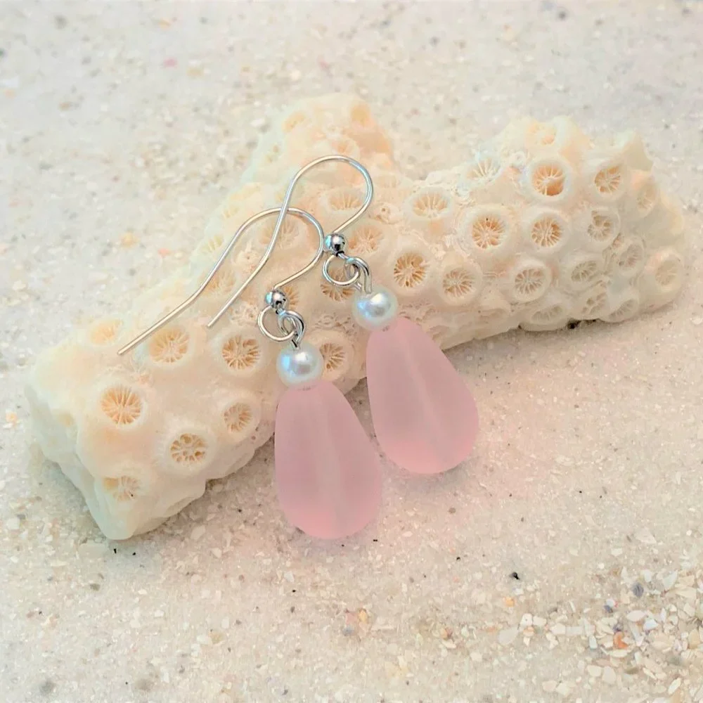 Sea Glass Earrings Pink Dangle with Pearls Women Girls Beach Jewelry Gift - Picture 5 of 7